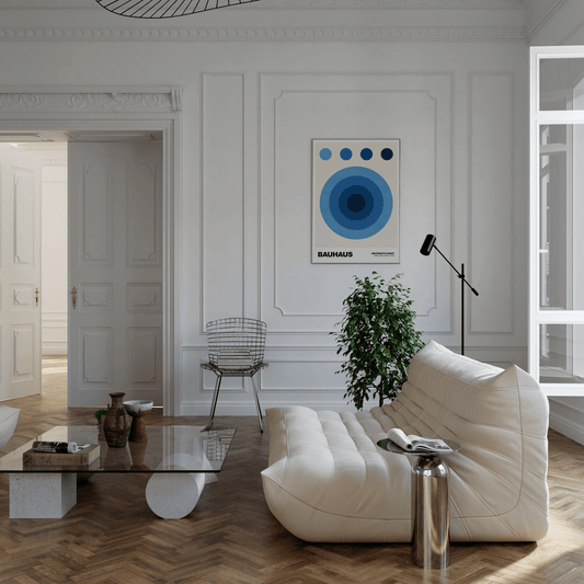 Poster Bauhaus Abstrakte Kunst · Blauer Kreis in modernem Design · Geometrisches Wandbild im Retro - Stil · Deko Print ohne Rahmen - justgoodmood