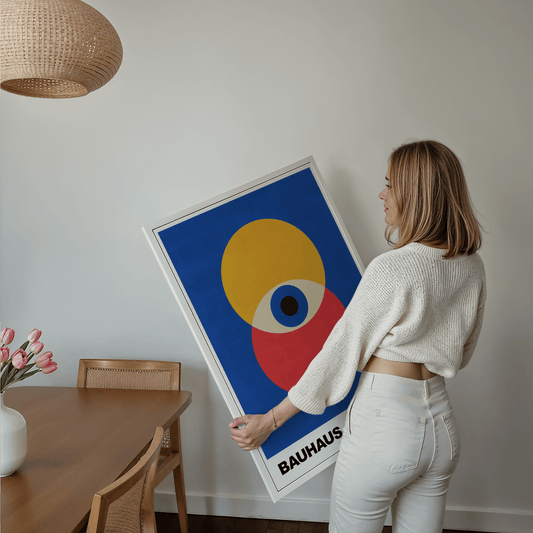 Poster Bauhaus Geometrische Formen · Abstraktes Auge in Primärfarben Blau Rot Gelb · Modernes Design Print ohne Rahmen - justgoodmood