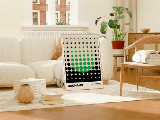 Poster Bauhaus Punkte · Grünes Raster Design auf Beige · Abstrakte Geometrie Wandkunst · Retro Modern Art Deko Print ohne Rahmen - justgoodmood
