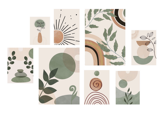Set aus abstrakten, botanischen und geometrischen Druckmotiven in sanften Grün- und Erdtönen auf Premium-Poster mit minimalistischer Ästhetik für stilvolle Raumgestaltung.