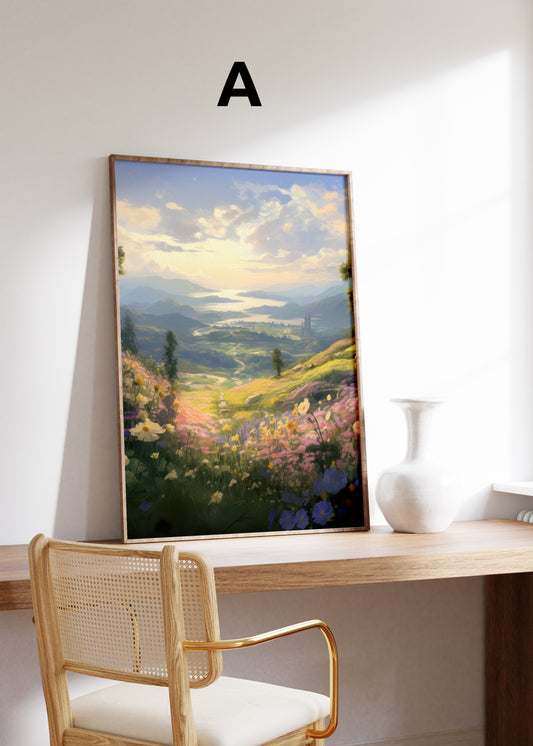 Postermotiv A: Blühende Wiese mit weitem Blick auf einen See zwischen Bergen. Im Holzrahmen auf einem Schreibtisch.
