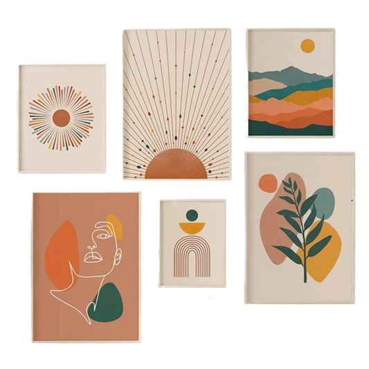 Set aus sechs abstrakten Boho-Postern mit organischen Formen, minimalistischen Linien und Naturmotiven in warmen Terrakotta- und Grüntönen auf cremefarbenem Baumwollhintergrund.