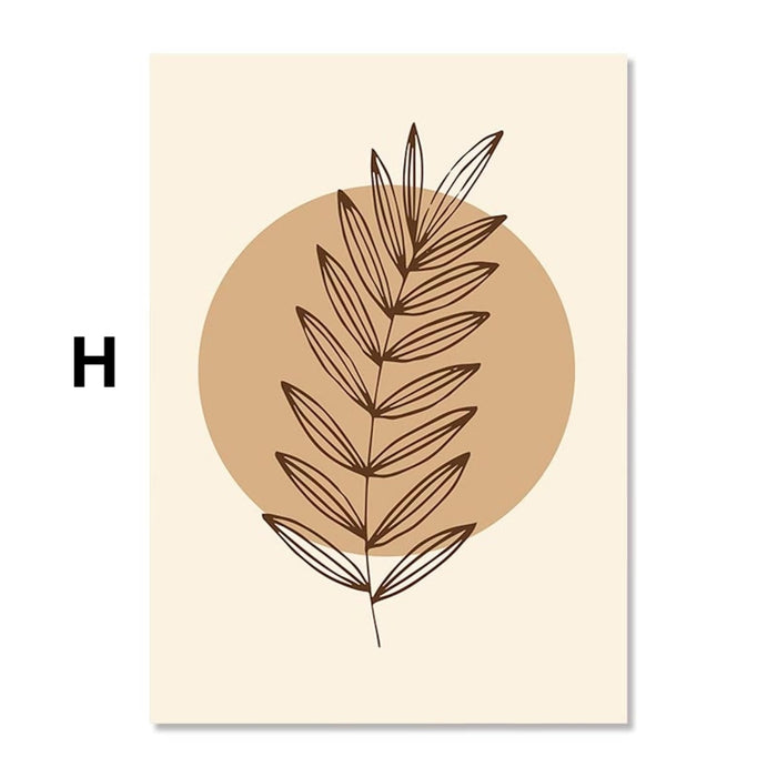 Abstrakte botanische Linienzeichnung eines Palmwedels in Braun vor rundem Terrakottahintergrund auf cremefarbenem Premium-Papier.