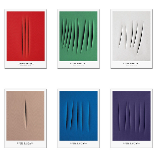 Sechsteiliges Set moderner Kunstdrucke mit scharfen, vertieften Schnittformen auf farbenfrohem Baumwollstoff in Rot, Grün, Weiß, Beige, Blau und Violett.