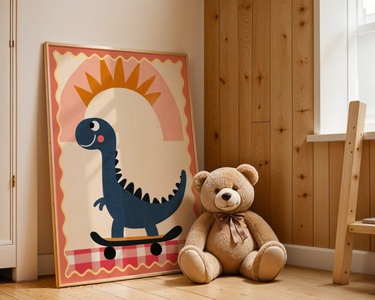 Poster Kinderzimmer Dino · Skateboard & Sonne · Lustiger Dinosaurier · Boho Farben · Geschenkidee für Kinder · Deko Print ohne Rahmen - justgoodmood