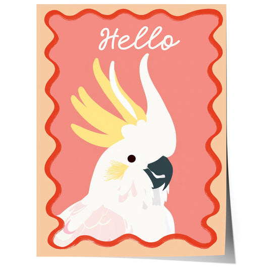 Poster Kinderzimmer Vogel · Kakadu mit Hello Schriftzug · Bunte Tierillustration · Tropische Wanddeko für Kinder · Deko Print Ohne Rahmen - justgoodmood