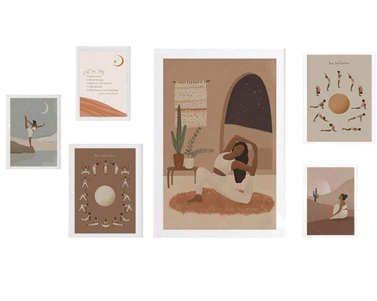 Mehrteiliges Boho-Poster-Set mit stilisierten Körperhaltungen zum Mond, warmen Erdtönen und minimalistischer, moderner Wanddekoration für gemütliche Wohnräume.