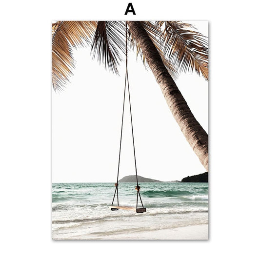 Poster Meer Blätter Überwasser Bungalow Strandschaukel · Wandbilder Wohnzimmer & Schlafzimmer · Deko Print Bilder · ohne Rahmen
