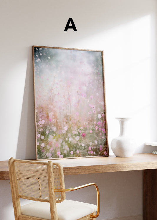 Postermotiv A: Zarte rosa Blumenwiese im hellen Nebel. Im Holzrahmen auf einem Schreibtisch.