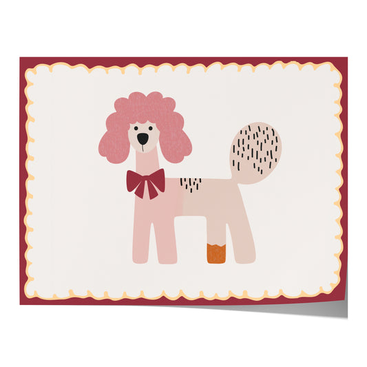 Poster Kinderzimmer Hund · Rosa Pudel mit Schleife · Verspieltes Tierposter im Retro Look · Liebevolle Deko für Kinder · Print ohne Rahmen