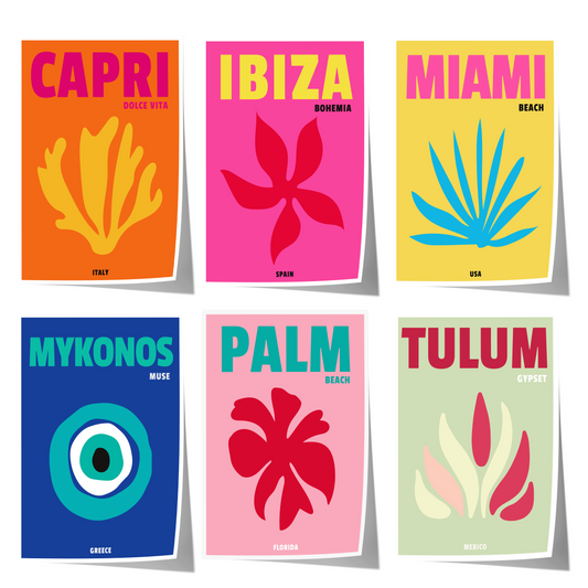 Reiseposter · Geschenkidee · Capri Ibiza Miami Mykonos Palm Beach Tulum · Minimalistische Wandkunst · Dekoprint ohne Rahmen