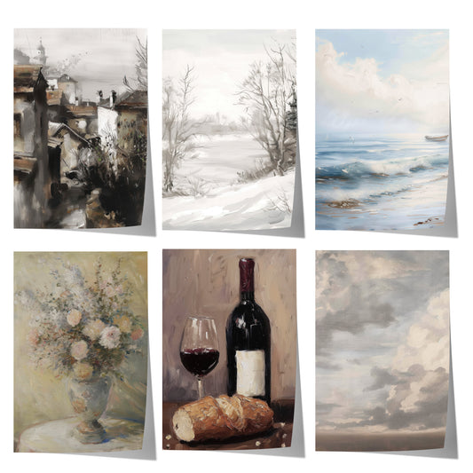 Vintage Landschaft Stillleben Poster · Geschenkidee · Dorf Winterlandschaft Küste Blumen Wein Wolken · Dekoprint ohne Rahmen