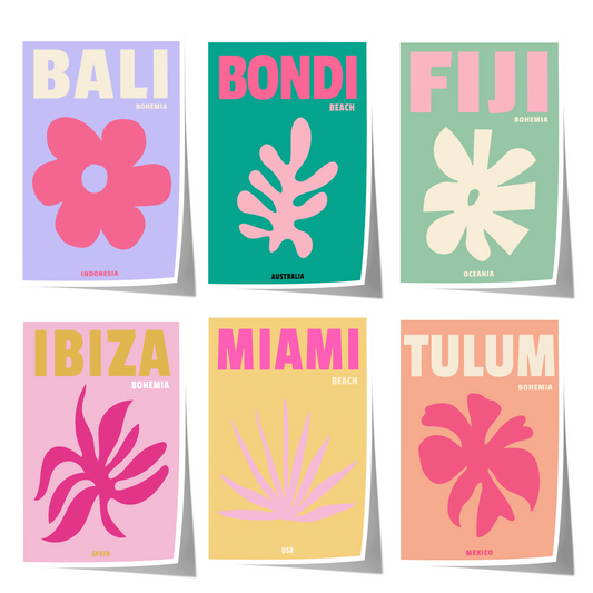 Reiseposter · Geschenkidee · Bali Bondi Beach Fiji Ibiza Miami Tulum · Minimalistische Wandkunst · Dekoprint ohne Rahmen