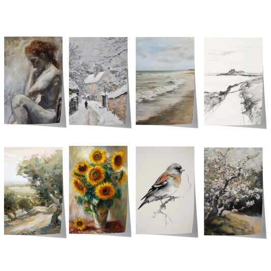 Moderne Vintage Kunst Poster · Geschenkidee · Strand Sonnenblumen Winterlandschaft Natur Wandkunst · Dekoprint ohne Rahmen