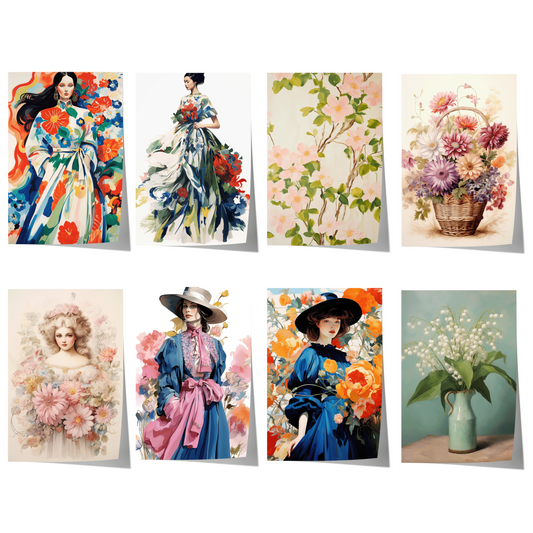 Moderne Kunst Poster · Geschenkidee · Elegante Frau mit Blumenkleid und Farbenfrohe Blumenkunst · Dekoprint ohne Rahmen