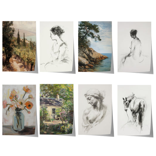Moderne Vintage Kunst Poster · Geschenkidee · Küstenlandschaft Blumen Figuren Impressionistische Wandkunst · Dekoprint ohne Rahmen