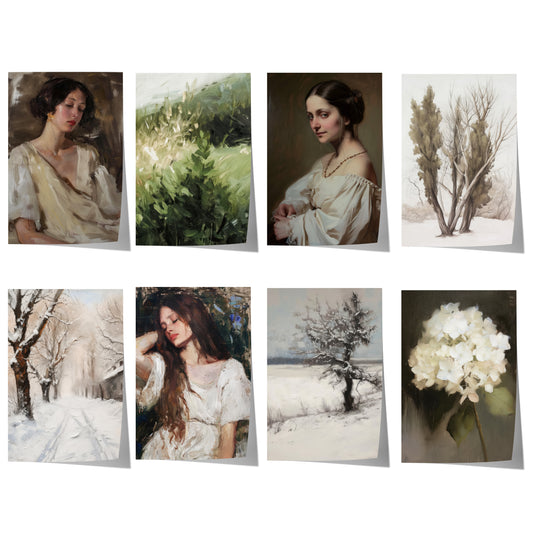 Vintage Botanik & Porträt Poster · Geschenkidee · Frauen Winterlandschaft Blumen Naturmalerei · Dekoprint ohne Rahmen