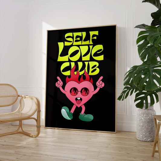 Self Love Club Poster · Flaming Herz Charakter Illustration Poster · Retro Pop Art Typografie · Print ohne Rahmen - justgoodmood