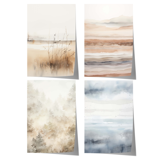 Aquarell Poster Set mit ruhigen Landschaften, Nebelwald, Schilfgras, abstrakten Naturformen und sanften Beige- und Blautönen.