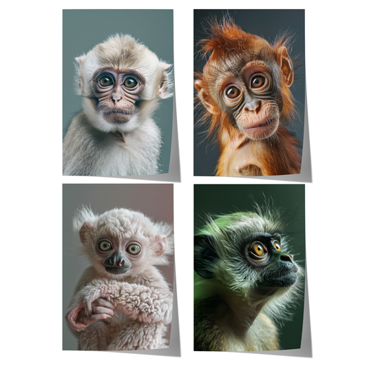 Vier fotorealistische Poster mit niedlichen Affenbabys in ausdrucksstarken Porträts und unterschiedlichen Fellfarben.