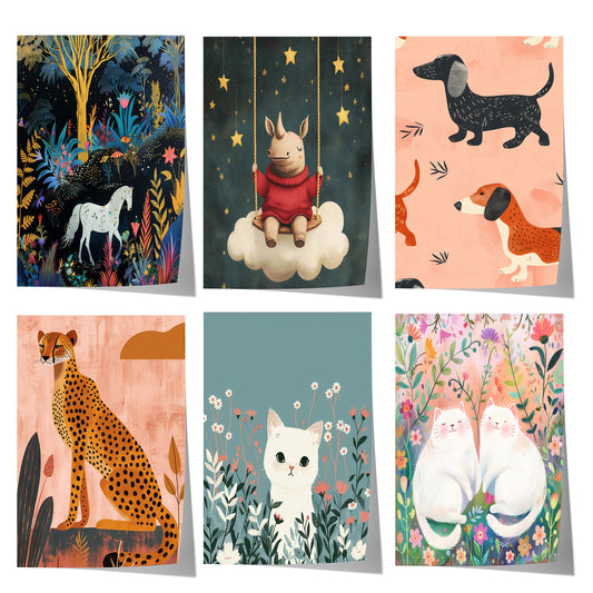 Sechs farbenfrohe Tierposter mit Einhorn, Nashorn, Hunden, Gepard und Katzen zwischen Blumen und Pflanzen.