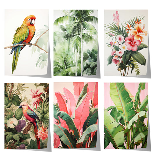 Modernes Poster-Set mit tropischen Papageien, Palmen, Hibiskusblüten und Bananenblättern im eleganten Aquarellstil für eine stilvolle Urban-Jungle-Wanddekoration.