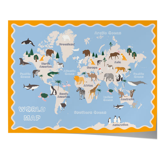 Poster Kinderzimmer Weltkarte · Tiere der Welt für Kinder · Lernposter mit Kontinenten & Ozeanen · Pädagogische Deko · Print ohne Rahmen