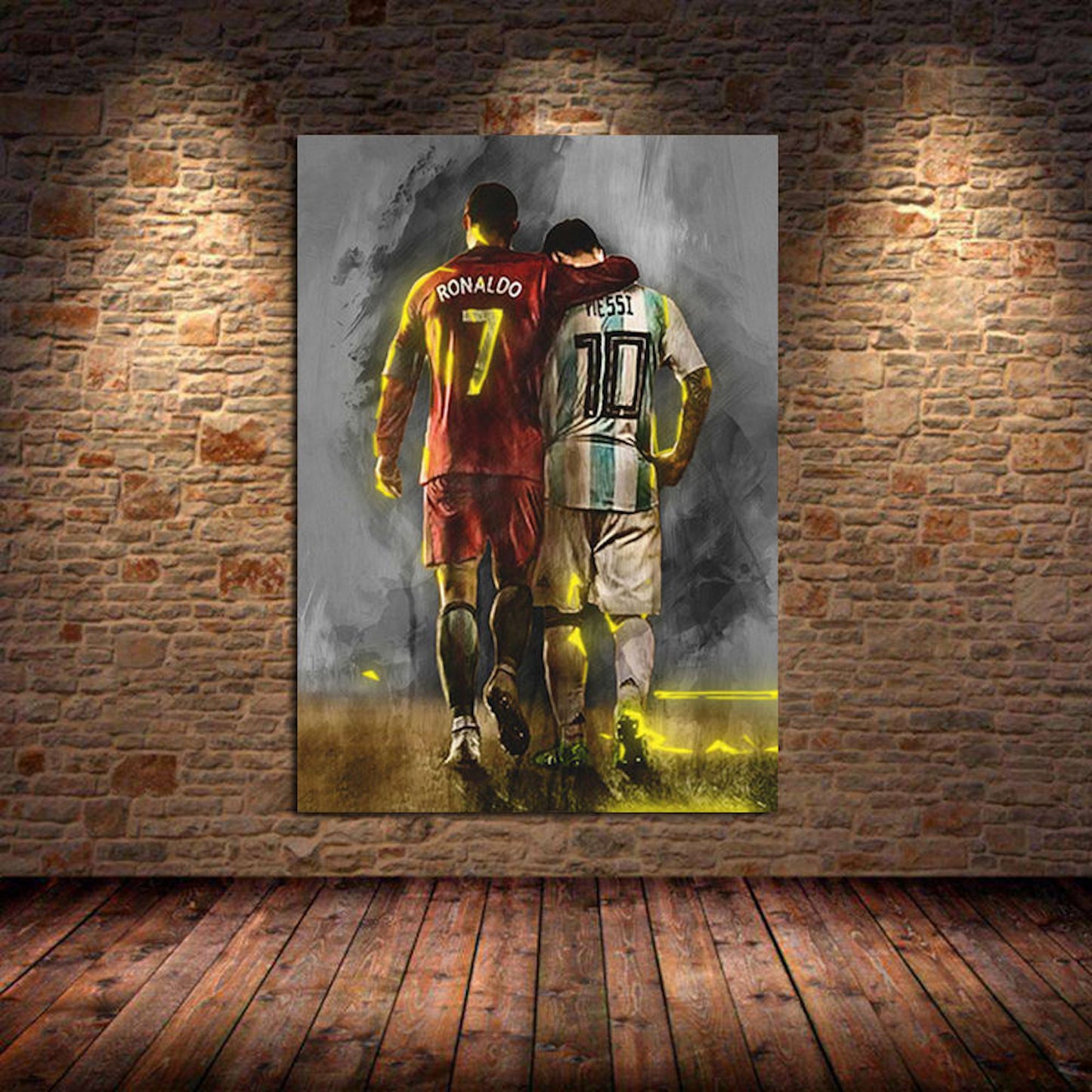 Ein stilvolles Poster von Cristiano Ronaldo und Lionel Messi, die in einer künstlerischen Komposition zusammen stehen, perfekte Wandgestaltung für jedes Zuhause von justgoodmood, Poster Fußball Lionel Messi und andere Spieler als Deko Print ohne Rahmen.