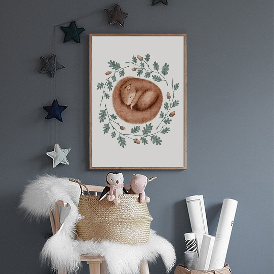 Frog Gone Fishing Firefly Flower Sleeping Squirrel Wall Art Print Canvas Painting Nordic Poster Decor Pictures For Living Room