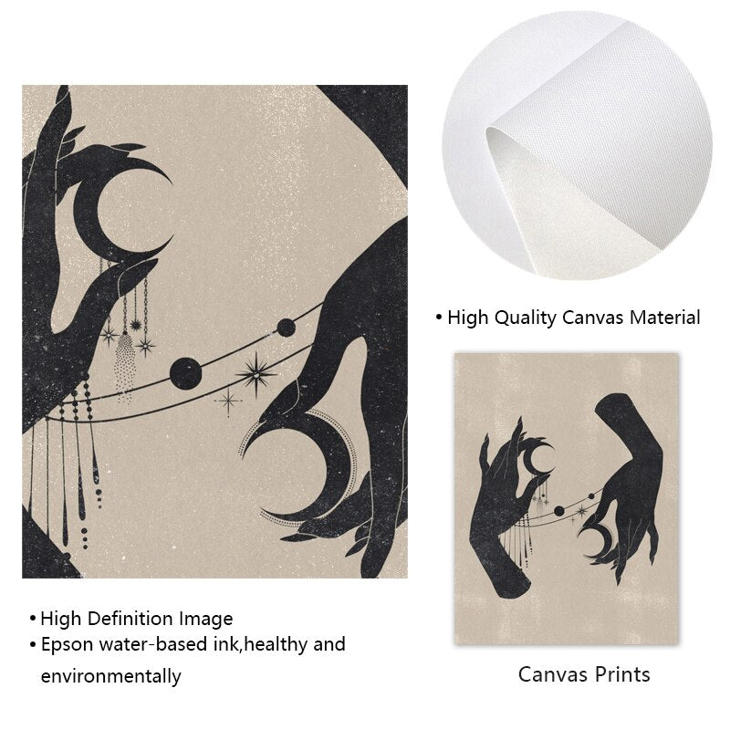 Detailaufnahme eines Posters von justgoodmood mit schönen Händen und Sternen, das hochwertige Leinwand und lebendige Farben präsentiert.