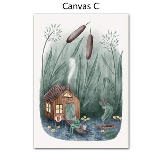 Bezauberndes Wandbild von justgoodmood mit einem Frosch, der angelt, vor einem charmanten Häuschen, umgeben von Pflanzen und einer friedlichen Wasserlandschaft – perfekt für das Wohnzimmer.