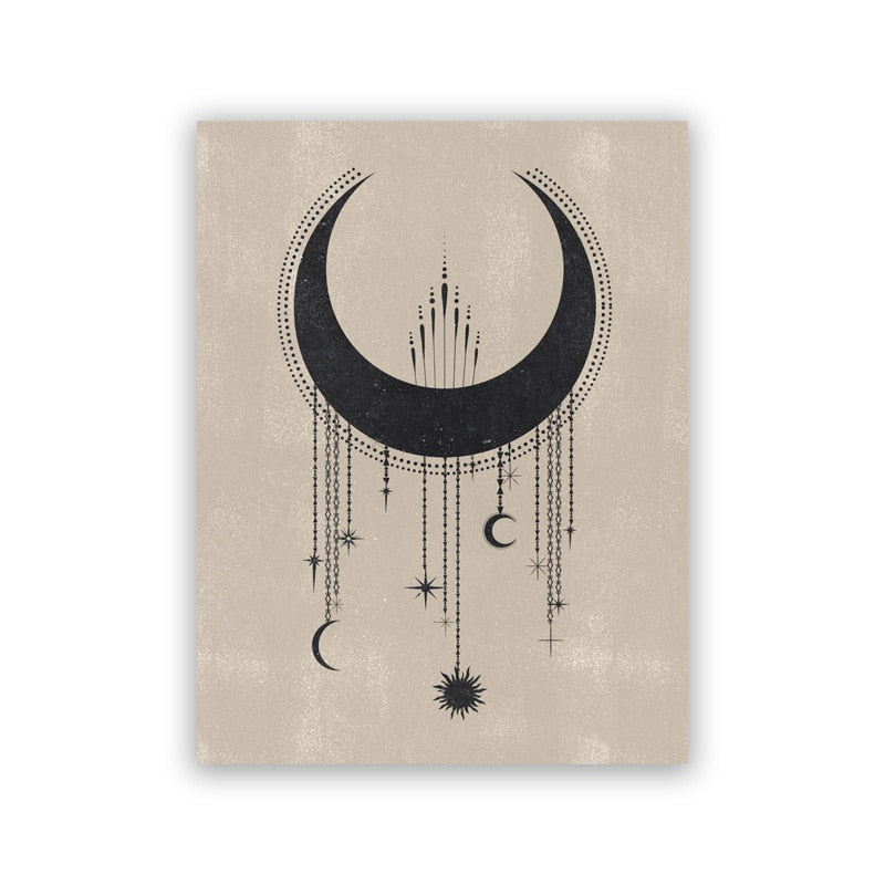 Poster Mond Sterne Gold Schwarz als Deko Print von justgoodmood, illustriert einen majestätischen, dunklen Mond, der mit funkelnden Sternen und Kronen verziert ist.