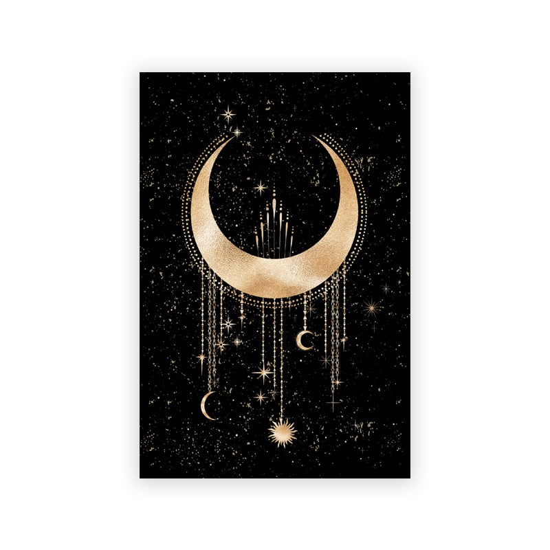 Poster Mond Sterne Gold Schwarz als Deko Print von justgoodmood, zeigt einen großen, goldenen Mond mit funkelnden Sternen auf schwarzem Hintergrund für einen Hauch von Luxus.