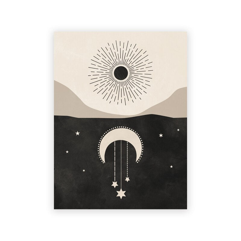 Anmutiges Poster Mond und Sterne in Gold Schwarz, gestaltet von justgoodmood, das einen Hauch von Eleganz und Kreativität in jeden Raum bringt.