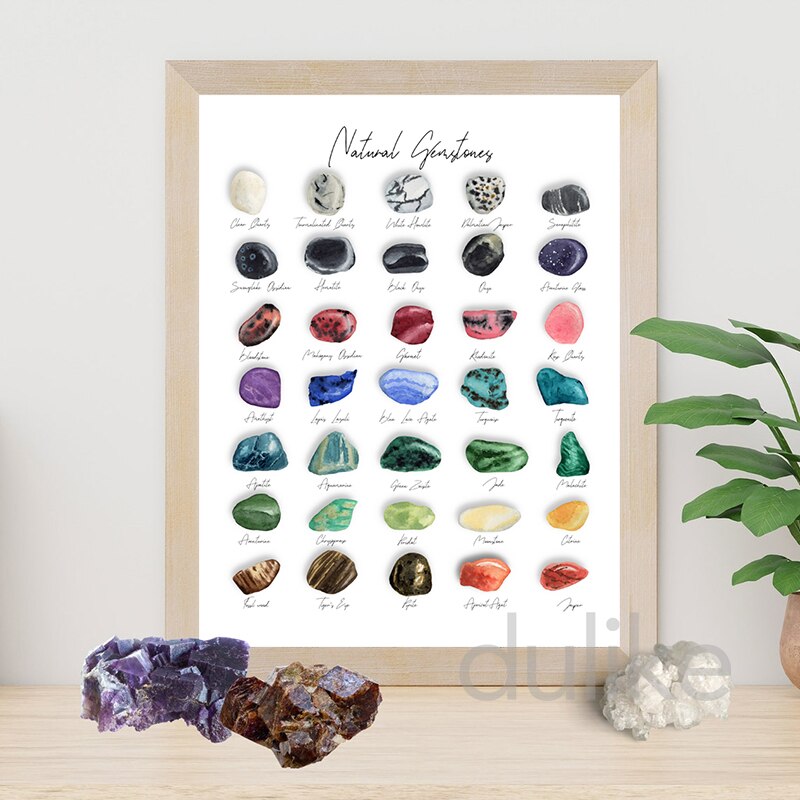 Charmantes Poster "Energie Steine als Deko Print" von justgoodmood, das natürliche Edelsteine abbildet und Ihrem Raum einen fröhlichen Touch verleiht.