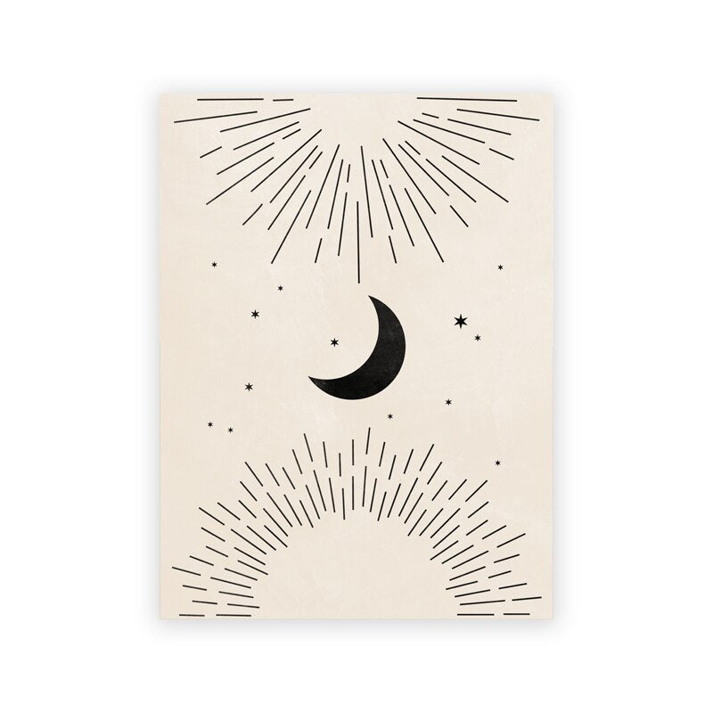Poster Mond Sterne Gold Schwarz als Deko Print von justgoodmood, präsentiert ein kreatives Design mit einer handgezeichneten Mondsilhouette und strahlenden Sonnenstrahlen auf cremefarbenem Hintergrund.