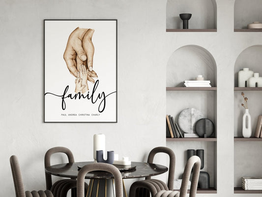 Familienposter mit Händen Personalisiere Namen I Haltende Hände I Wohnzimmer Schlafzimmer Bilder I Wand Deko I Kunstdruck I ohne Rahmen - justgoodmood
