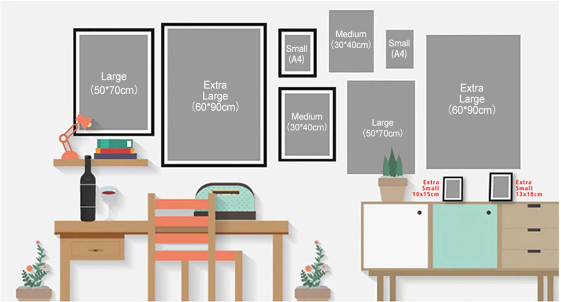 Visualisierung von verschiedenen Postern in Größen und Formaten, ideal für die Dekoration mit dem "Matisse Blumen Körper" Poster von justgoodmood.