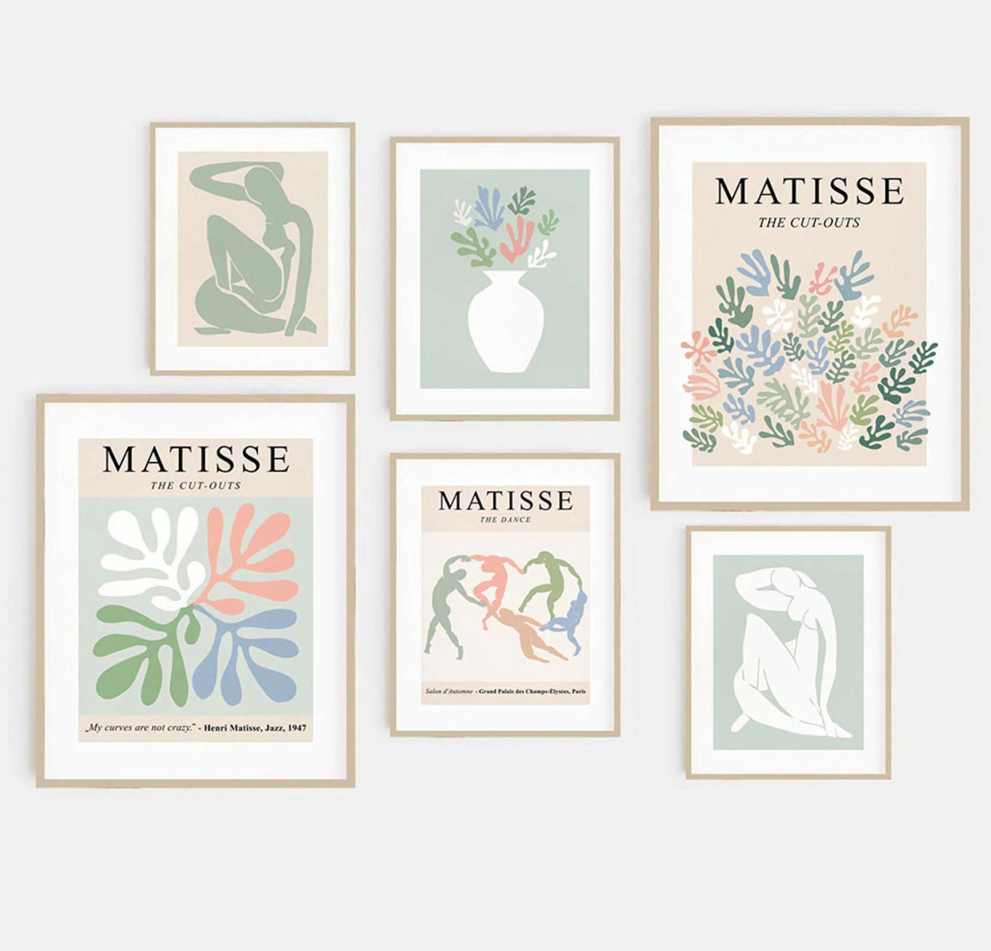 Set von Postern im Matisse-Stil von justgoodmood, einschließlich "Matisse Blumen Körper", perfekt zusammengestellt für eine kreative Wandgestaltung.