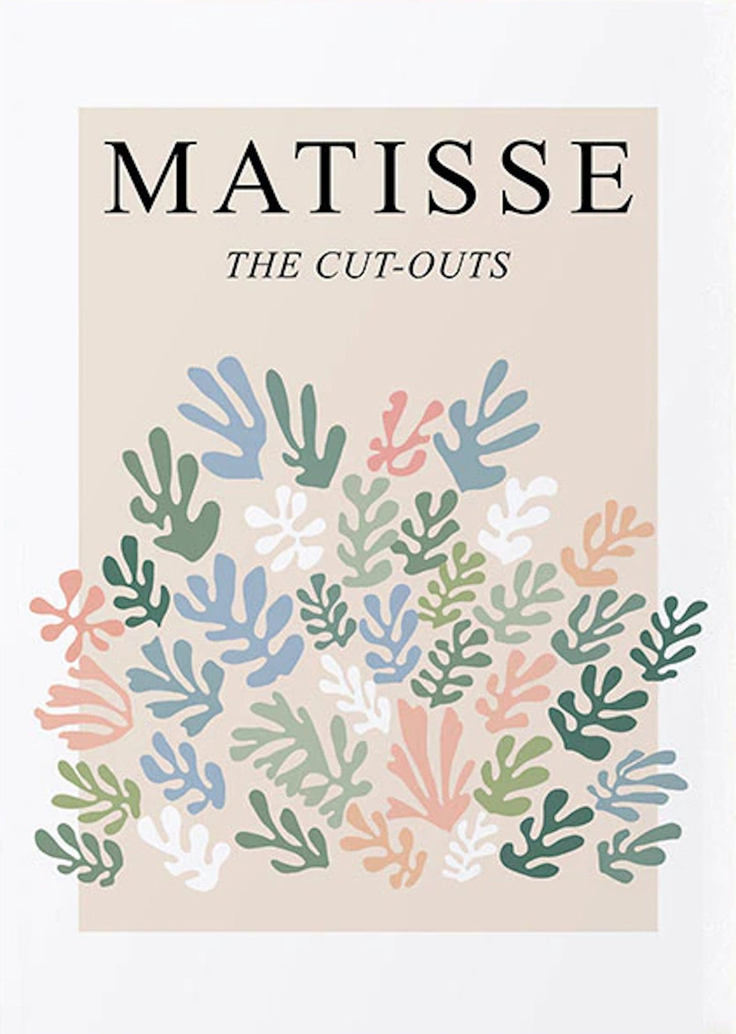 Farbenfrohes Poster 'Matisse Blumen Körper' von justgoodmood, das kreative Schnittmuster in sanften Tönen zeigt, ideal als einzigartiges Deko-Element.