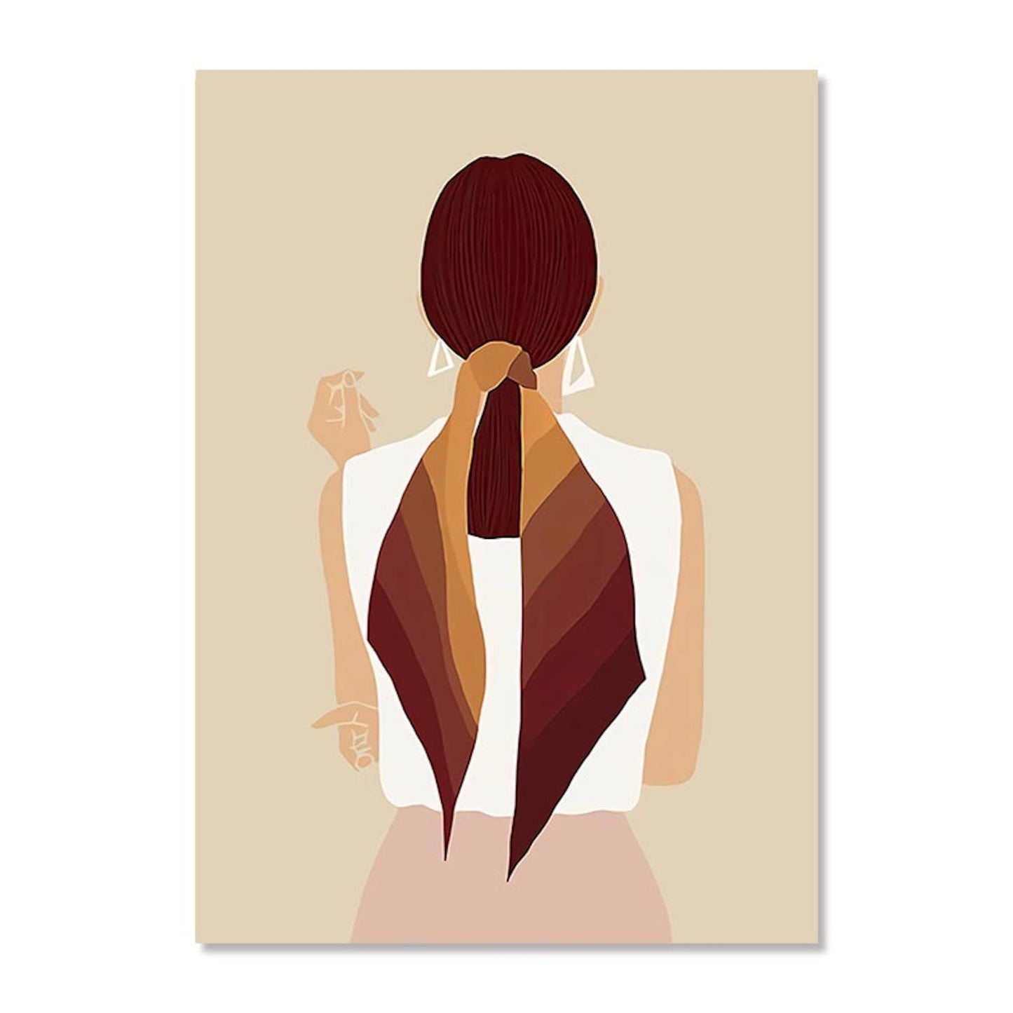 Boho Linien Abstrakt Botanik Poster von justgoodmood - stilvolles Wandbild einer Frau mit einem bunten Schal, geeignet für ein modernes und einladendes Zuhause.