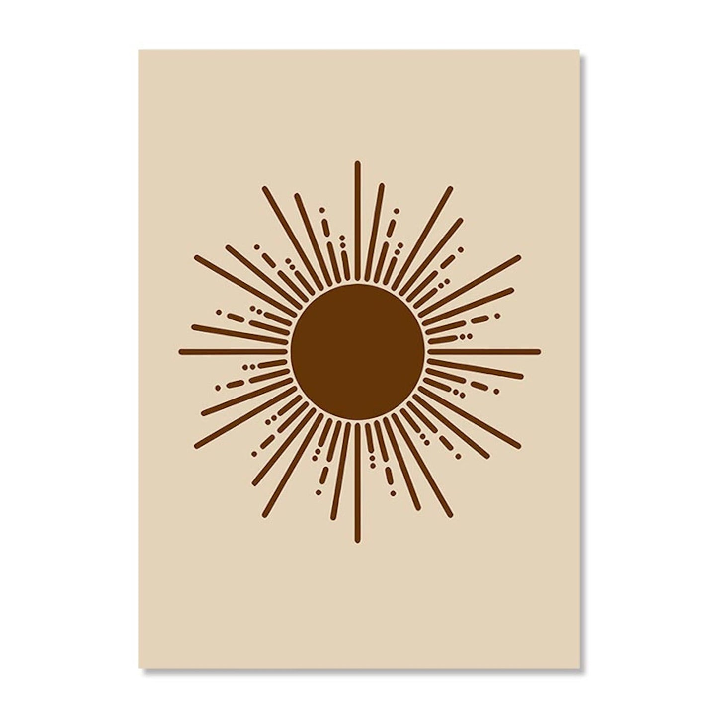 Charmantes Boho Linien Abstrakt Botanik Poster von justgoodmood, das eine strahlende Sonnengrafik in warmen Brauntönen darstellt – perfektes Wandbild zur Aufhellung Ihres Wohnraums.