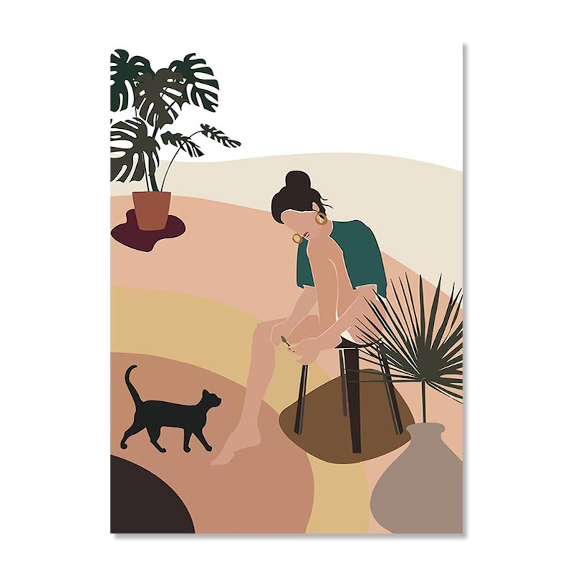 Boho Linien Abstrakt Botanik Poster von justgoodmood - farbenfrohes Kunstwerk mit einer sitzenden Person und einem schwarzen Kater, perfekt für eine entspannte Wohnatmosphäre.