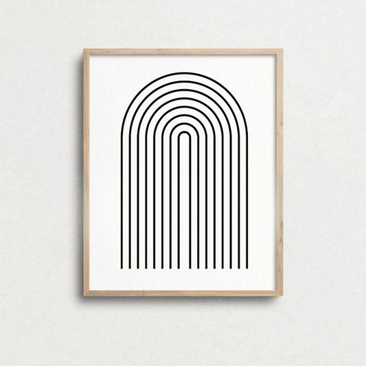 Elegantes Schwarz-Weiß Poster mit geschwungenen Linien in Form eines Regenbogens, perfektes Wandbild für stilvolle Wohnräume von justgoodmood. Poster Schwarz Weiß Abstrakt I Vintage I Wohnkultur.