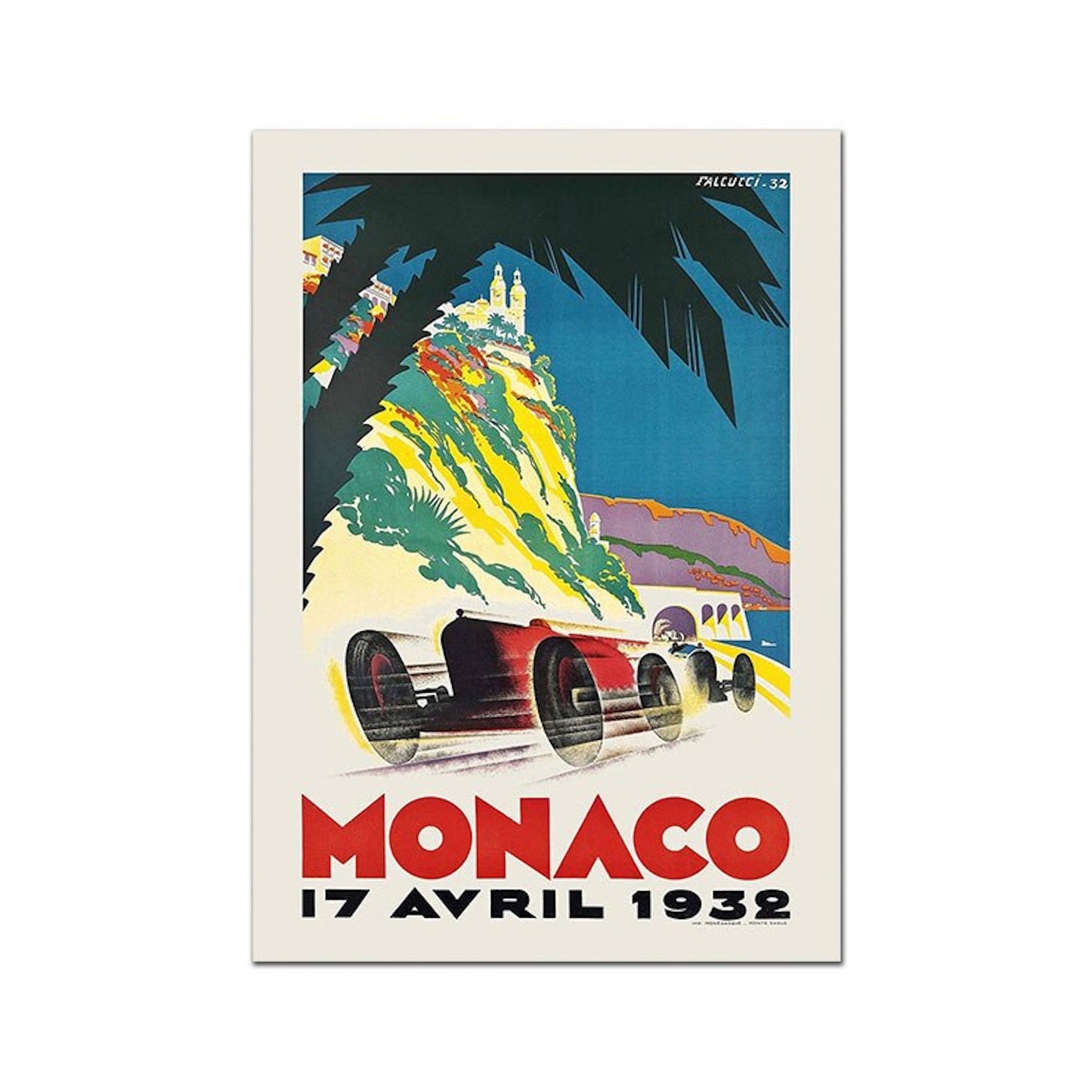 Farbenfrohes Wandbild "Monaco Rennwagen Formel 1 Grand Prix" von justgoodmood, das ein aufregendes Formel 1-Rennen 1932 in Monaco darstellt.