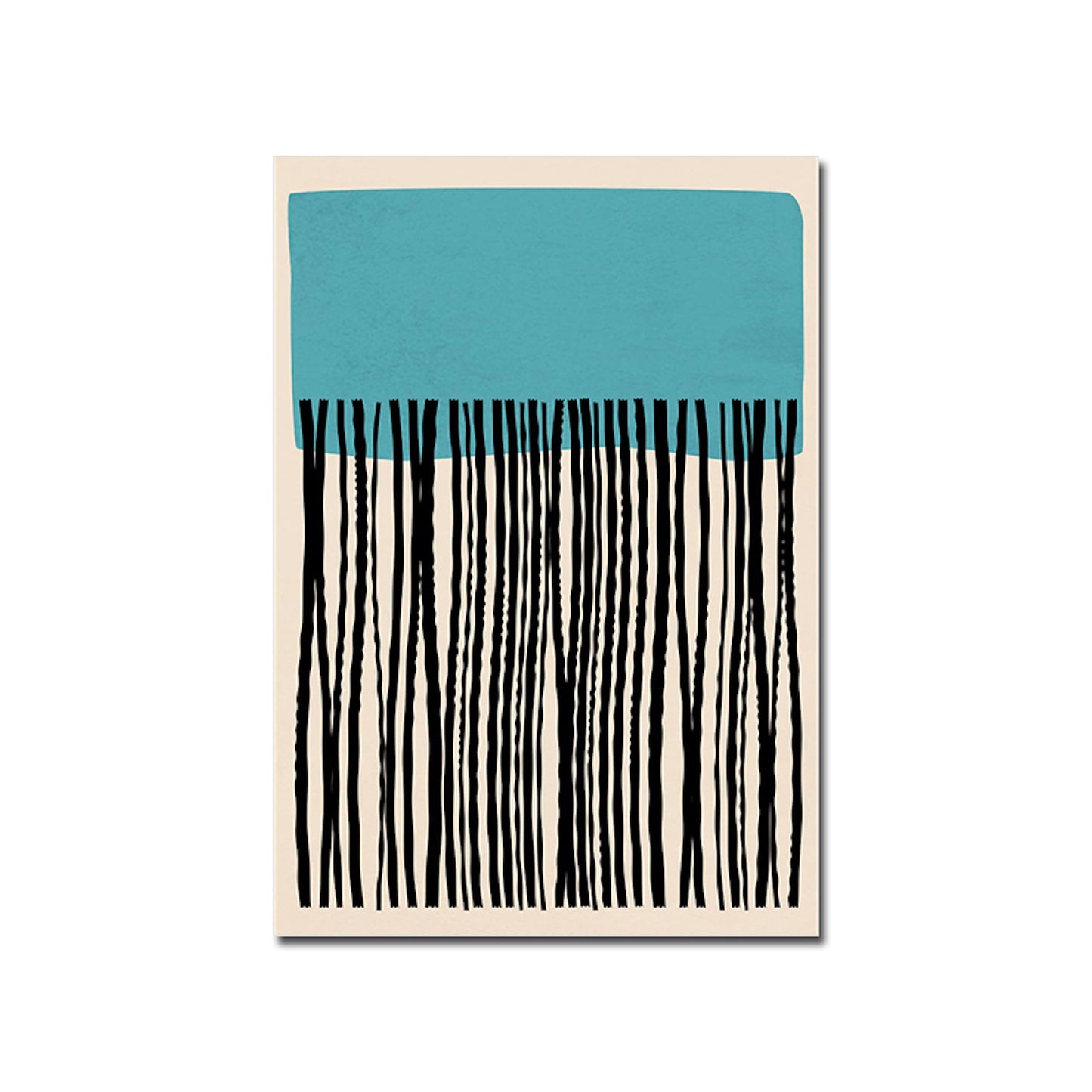 Abstraktes Poster mit türkisfarbenem Bereich und langen schwarzen Linien, perfekte Wahl für moderne Deko-Elemente in Ihrem Zuhause. Kunst von justgoodmood.