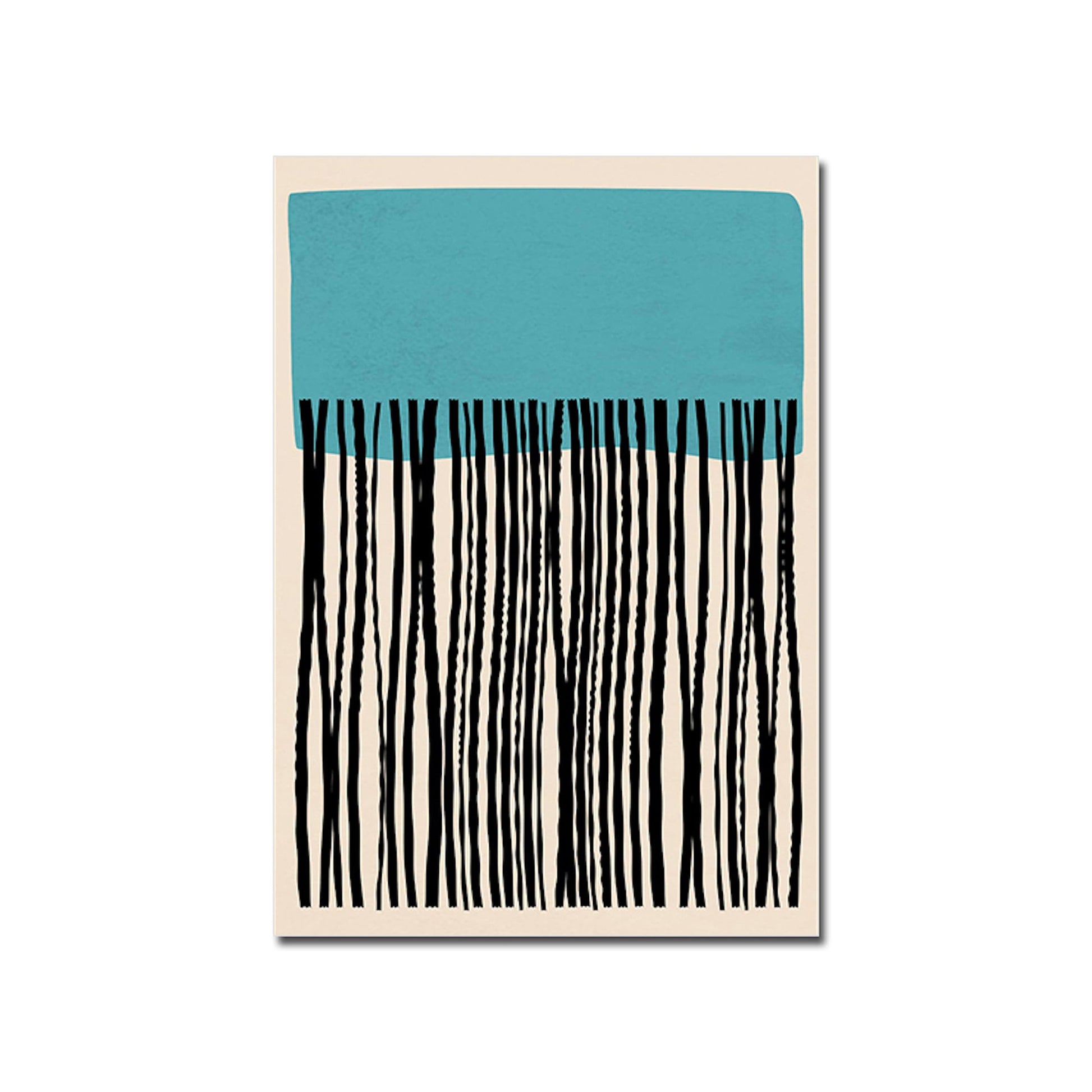Abstraktes Poster mit türkisfarbenem Bereich und langen schwarzen Linien, perfekte Wahl für moderne Deko-Elemente in Ihrem Zuhause. Kunst von justgoodmood.
