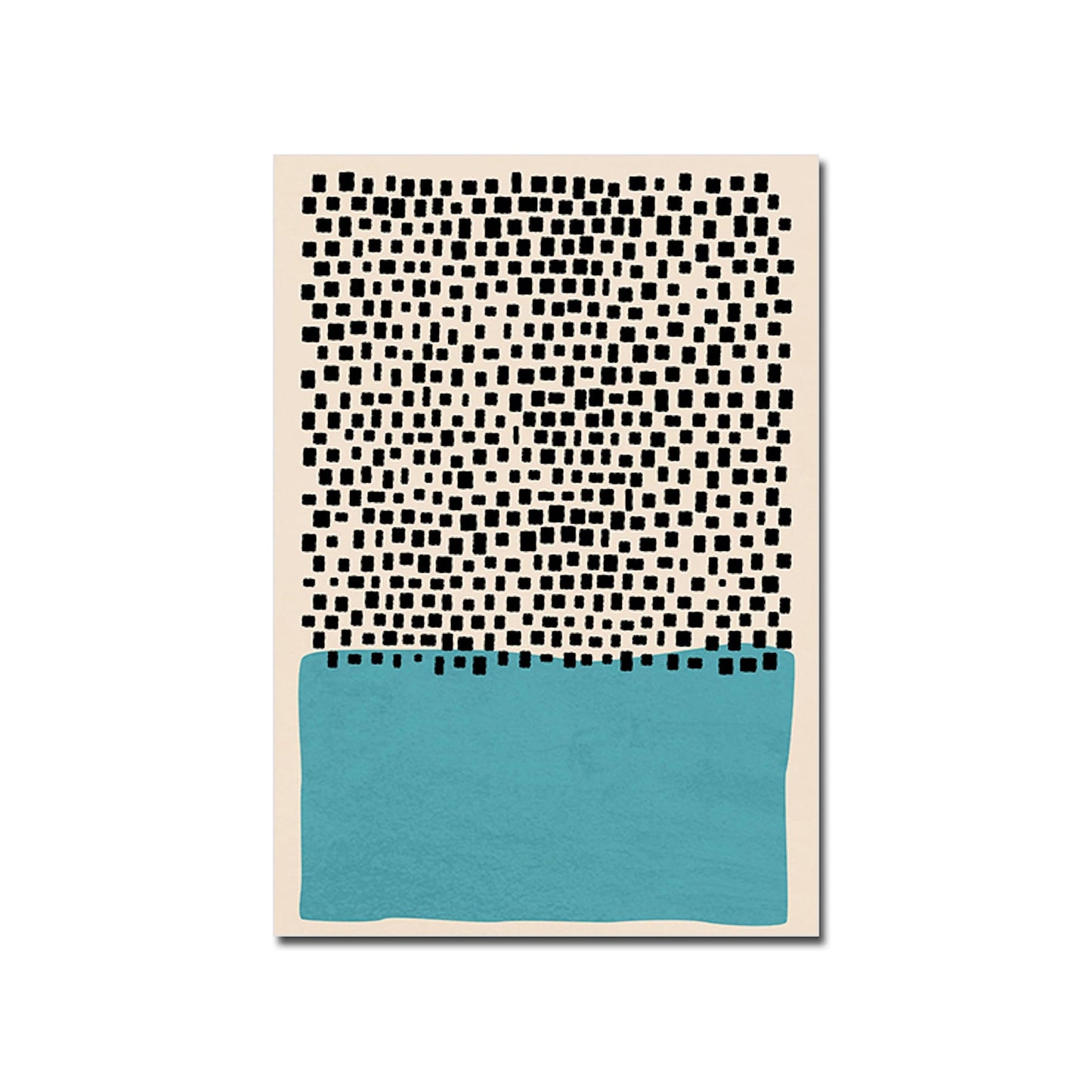 Kreatives Poster mit schwarzen quadratischen Mustern und türkisfarbener Fläche. Ideal als Wandbild für Ihr Zuhause, von justgoodmood.