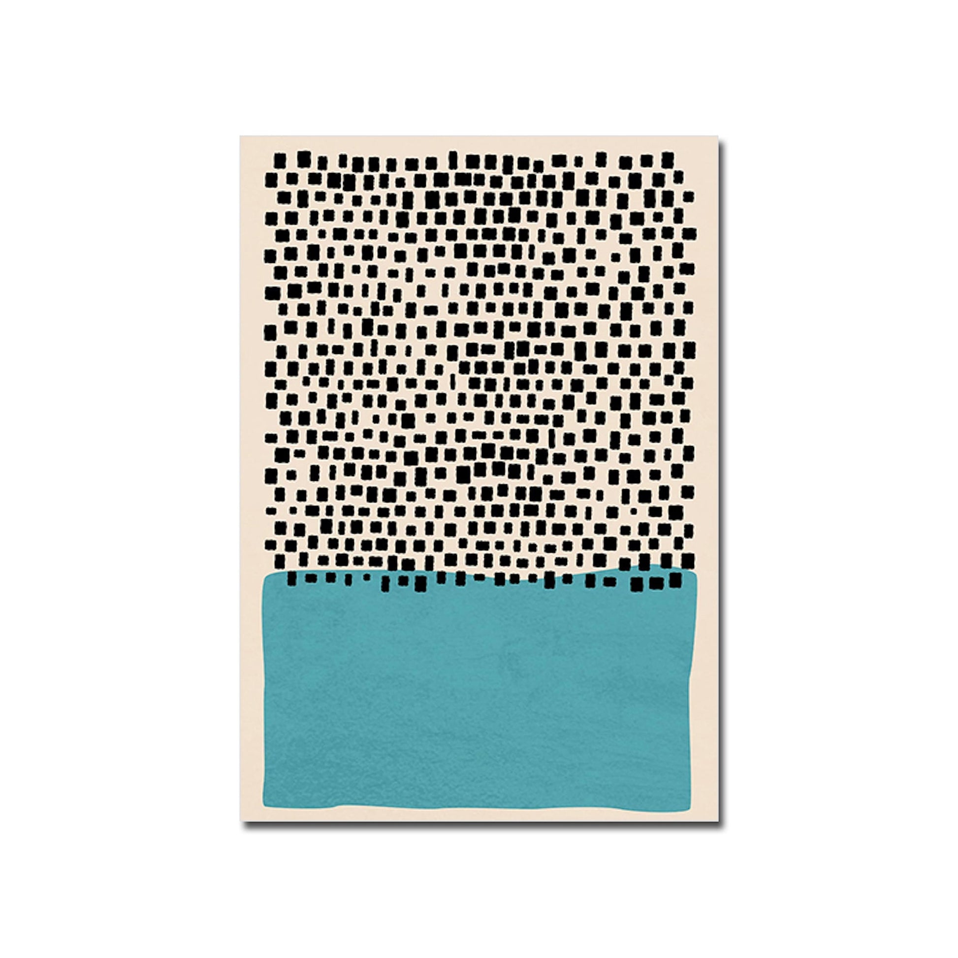 Kreatives Poster mit schwarzen quadratischen Mustern und türkisfarbener Fläche. Ideal als Wandbild für Ihr Zuhause, von justgoodmood.