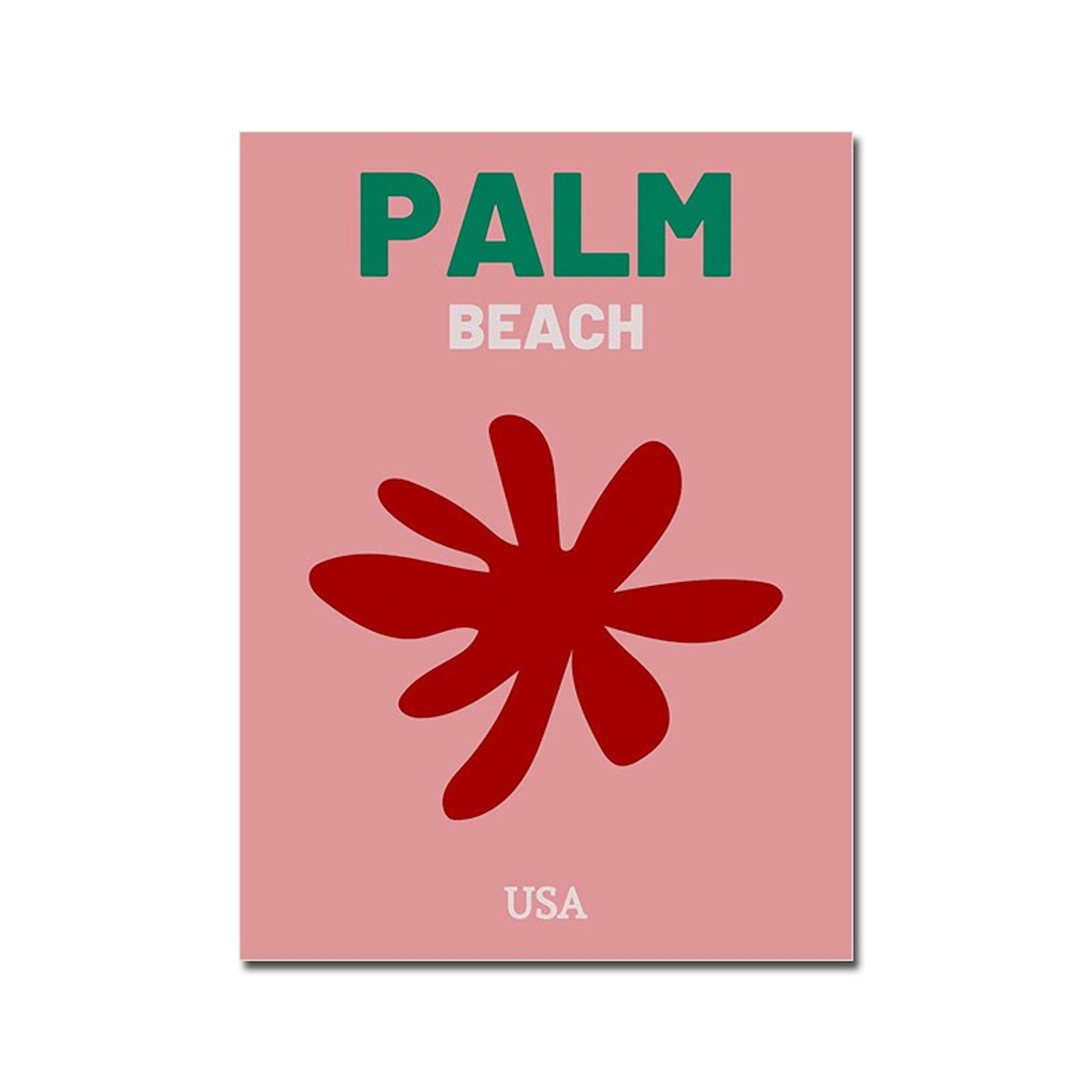 Buntes Wandkunst-Poster von Mykonos mit der Aufschrift 'PALM BEACH' von justgoodmood, ideal für farbenfrohe Raumgestaltung.